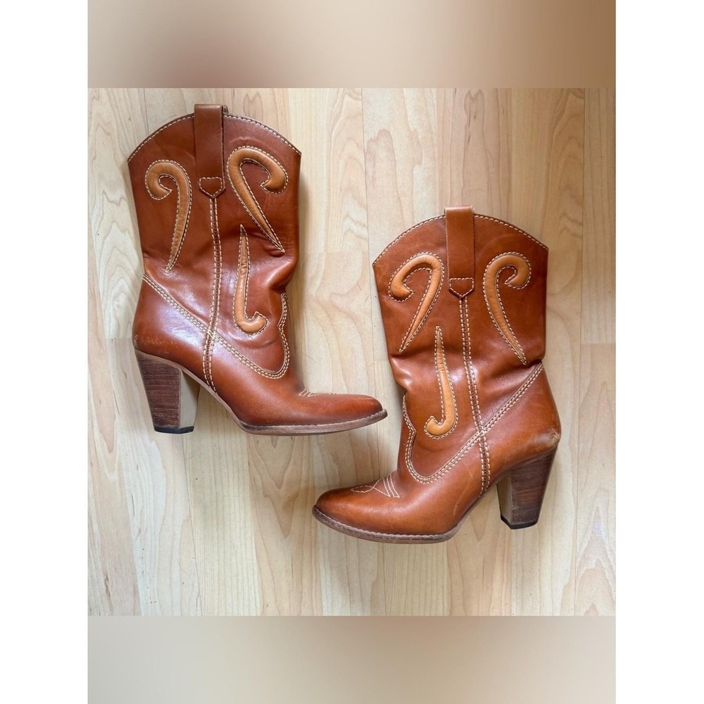 VTG 70s Sage Cowboy Boots Leather Brown Abeline 6 1/2 Line Dancing Rodeo Texas
